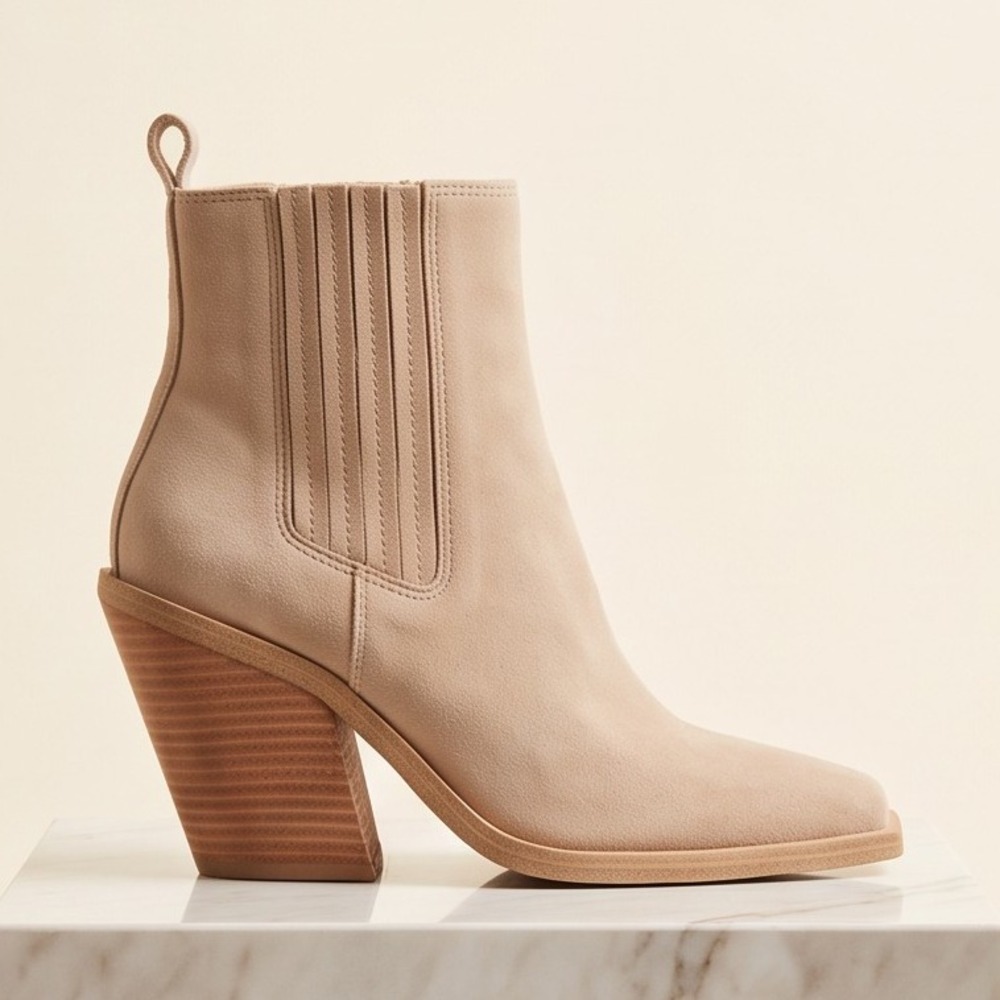 Vince Camuto Beige Suede Ankle Bootie Square Toe Block Heel Womens 6.5M